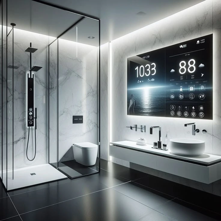 Smart bathroom features like mirror lighting and modern controls