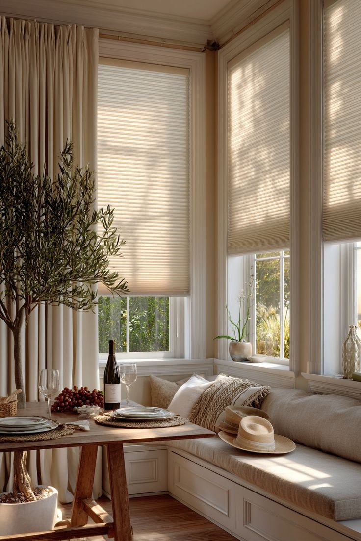 Bright living room with diffused daylight, comfortable seating layout, and glare-free window treatments