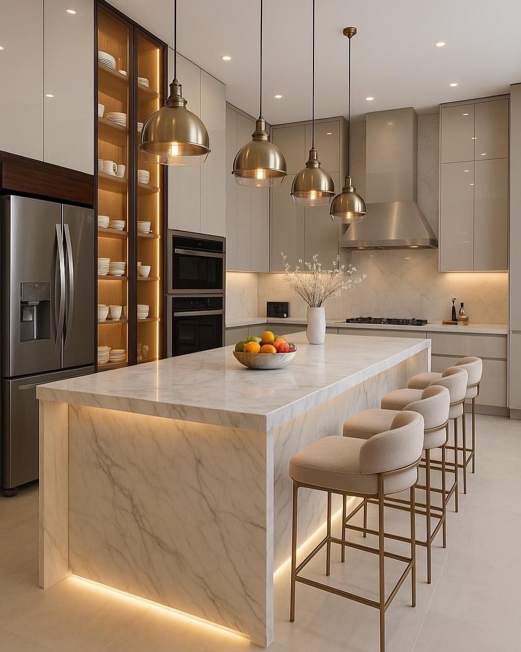 Statement kitchen island with waterfall quartz and storage