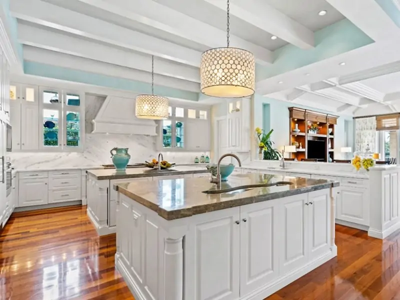 Luxury kitchen layout with double island and multi-zone planning