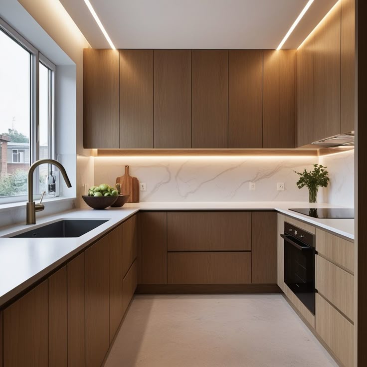 Under-cabinet lighting that modernizes brown cabinets