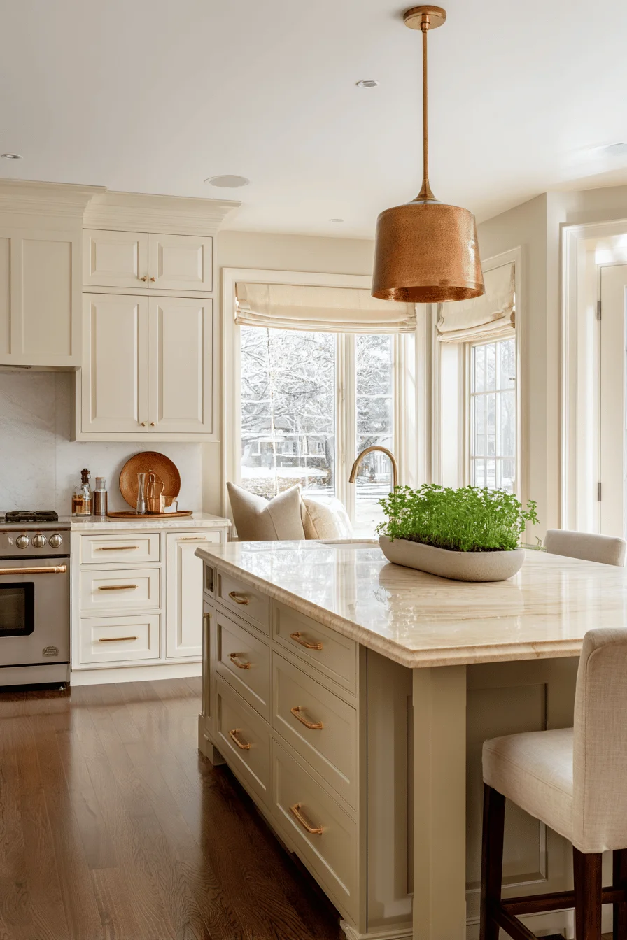 Warm, elegant kitchen layout with improved flow and storage