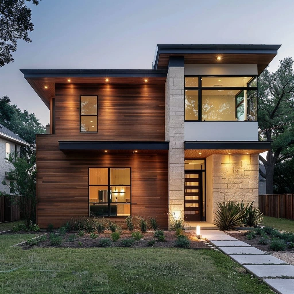 Mixed Material Exterior with Stone, Wood, and Stucco