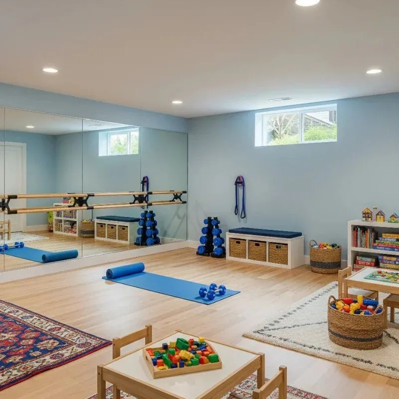 Playroom Recreation Room and Home Gym Construction in The Woodlands Basement