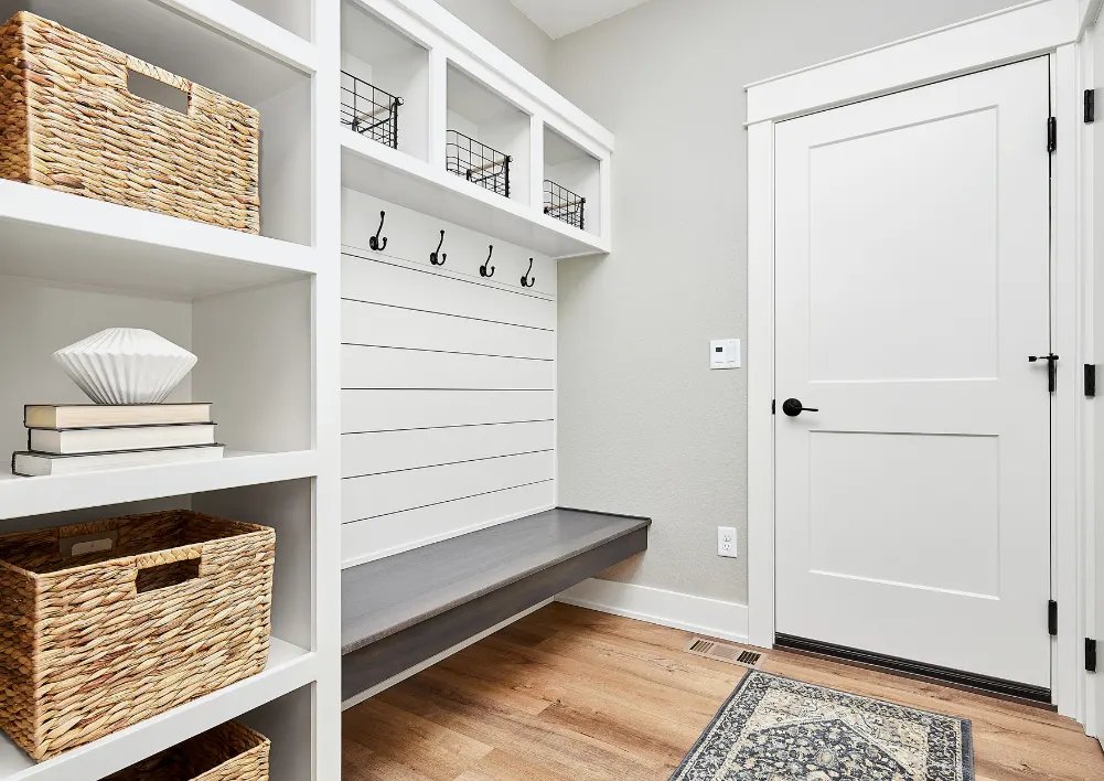 Custom mudroom with pet feeding station